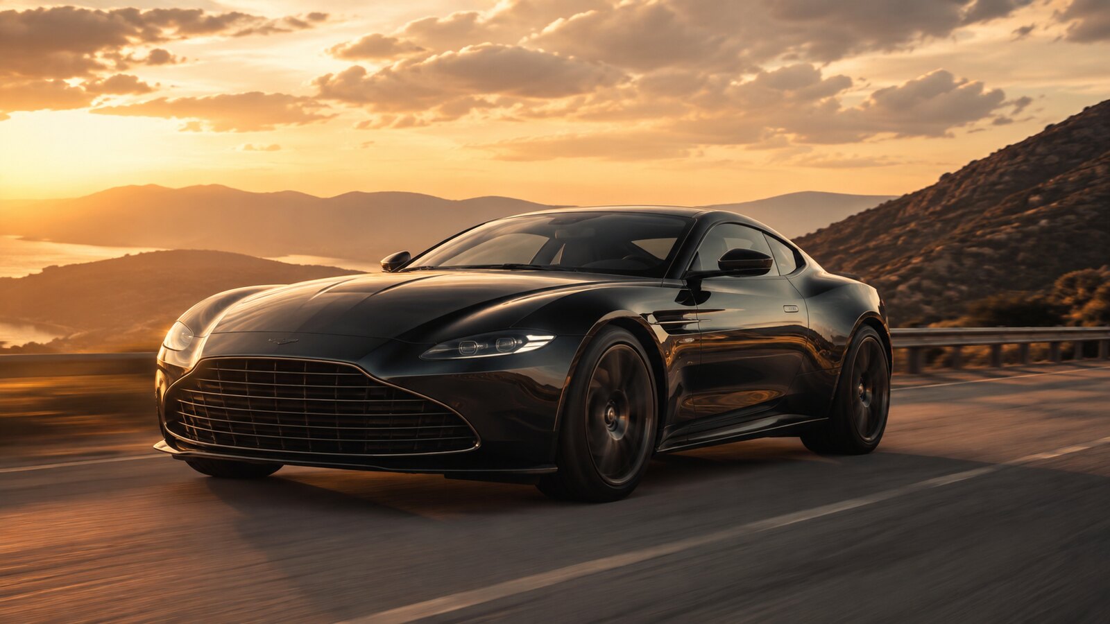 Auto sportiva scura su una strada panoramica al tramonto